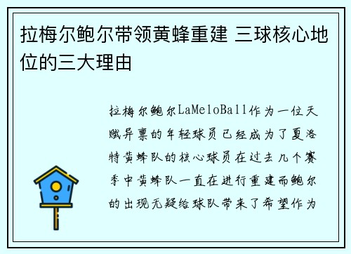 拉梅尔鲍尔带领黄蜂重建 三球核心地位的三大理由